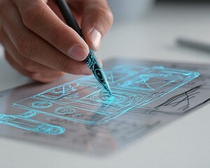 startup founder sketching UX wireframe on tablet with holographic overlay, creative minimal studio, copyspace