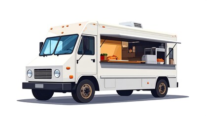 A cartoon-style illustration showcasing a bright white food truck with an open serving window, and some visible interior equipment