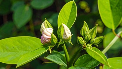 Close-up of a plant with budding flowers and green leaves in natural light
