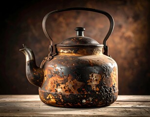 Close-up of an old, rusty kettle with a curved handle
