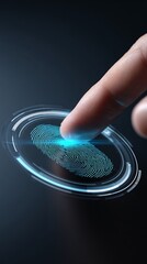 close-up of hand tapping biometric fingerprint scanner, cybersecurity concept, dark minimal background, copyspace