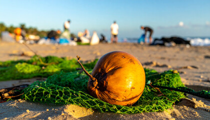 Yellow ball on beach grass and sand with autumn fruits and vegetables