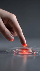 close-up of hand tapping biometric fingerprint scanner, cybersecurity concept, dark minimal background, copyspace