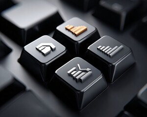 close-up keyboard with augmented reality icons of charts floating, fintech trading concept, clean studio
