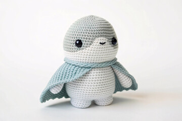 Sweet crocheted character wearing turquoise scalloped cape, gray and white body, safety eyes, adorable smile, sitting position, handcrafted plush toy design.
