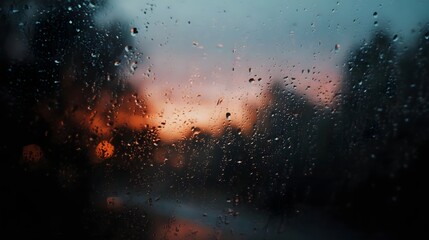 Obraz premium Raindrops on a window pane during a moody dusk with soft sunset hues and blurred bokeh lights in the background