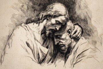 Fototapeta premium Vintage etching of Christ showing compassion and care.