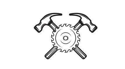 Obraz premium Line drawing of crossed hammers and saw blade on white background