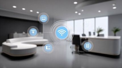 smart office control panel with holographic IoT device icons, minimal modern interior, copyspace