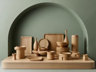 An arrangement of various wooden tableware and decorative objects displayed on a platform against a muted green arched backdrop.