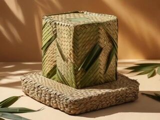 Woven straw box, light beige and green