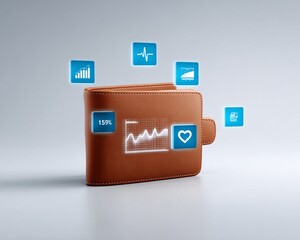 conceptual image of inflation: wallet with holographic price tag icons, minimal financial stock look, copyspace