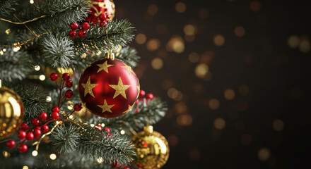 Obraz premium Close-up of a Christmas tree with red and gold ornaments, berries, and lights against a dark, festive bokeh background.