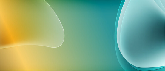 Abstract background features flowing shapes, warm gold transitions into cool teal hues. Soft gradients create smooth visual effect.