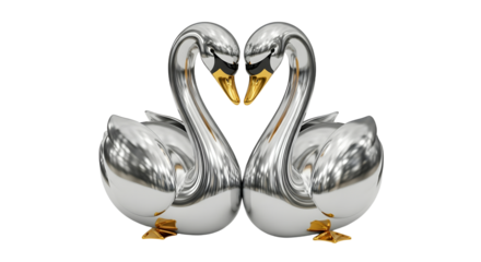 Elegant Silver Swans Sculpture with Gold Beaks and Feet in Minimalist Style