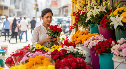 Focused Indian florist arranging bouquet at market stall