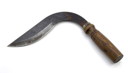 A curved, metallic blade with a wooden handle, placed on a clean white background, showcasing an agricultural tool