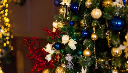 Close-up tree with lights and ornaments, glow glow
