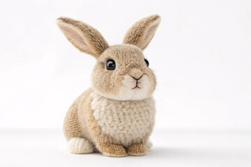 Obraz premium Handcrafted felted rabbit stuffed animal in natural tan color with realistic details, black glass eyes, pink inner ears, white chest, sitting upright position.