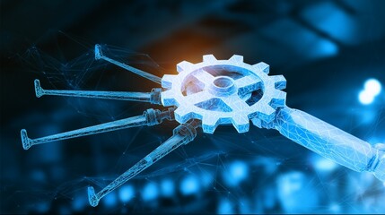 Factory robotic arm background, floating gear icon with digital mesh glowing effect overlay
