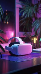 business desk with VR headset and holographic metaverse icons, futuristic corporate trend, copyspace
