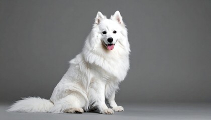 A beautiful, fluffy white dog, with a fox-like face, sits and smiles at the camera against a gray backdrop