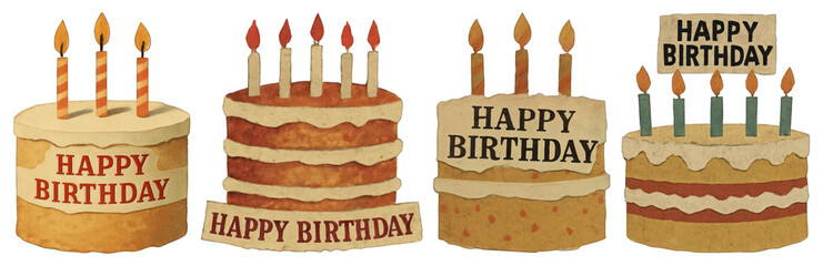 PNG Vintage birthday cake illustrations, element set on transparent background