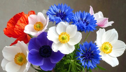 Close-up of vibrant and colorful anemone and cornflower bouquet arrangement