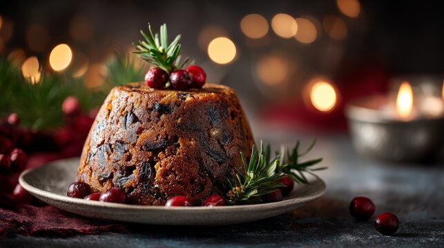Christmas pudding decorating with cranberries and rosemary sprigs
