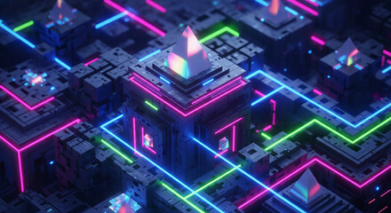 Fototapeta premium Abstract 3D city or microchip structure with glowing neon lines and central illuminated pyramid