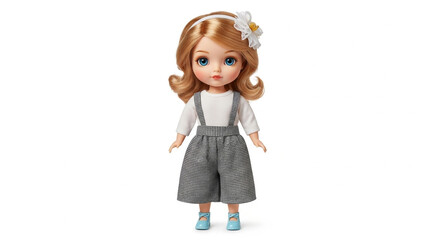 Adorable doll with red hair, wearing a white shirt and plaid overalls isolated on white background, a charming toy for children and collectors