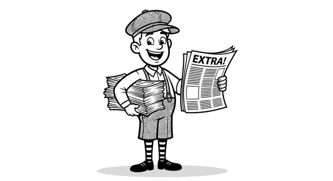 Vintage newsboy illustration with newspapers shouting 'extra' harking back to classic times