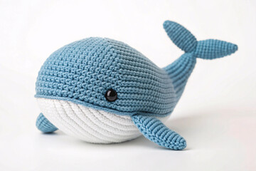 Handcrafted crochet whale in light blue with white underbelly, glossy black eye visible, tail flukes extended upward, side angle perspective showing dimension.