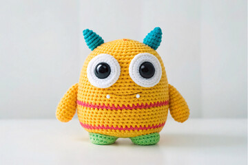 Yellow crocheted monster with teal horns, white teeth, pink and green striped details, white-rimmed safety eyes on neutral background.