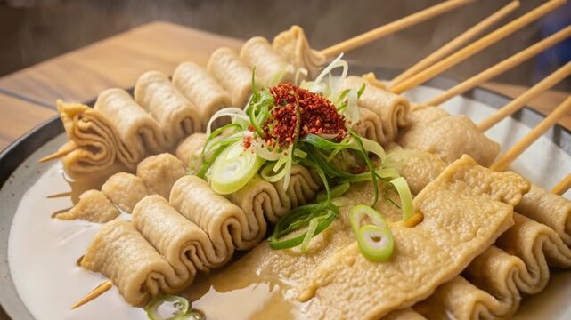 Korean Fish Cake Skewers Boiling in Spicy Broth (Eomuk)