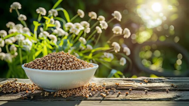 buckwheat in a white bowl on a wooden table. Selective focus