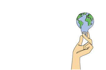Single one line drawing hand holding a bulb whose surface is like a globe. Symbolism of environmentally friendly electricity. Bright future. Holding Bulb. Continuous line design graphic illustration