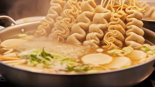 Korean Fish Cake Skewers Boiling in Spicy Broth (Eomuk)