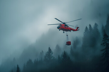 Red helicopter carries a bucket over the misty forest for firefighting and rescue missions