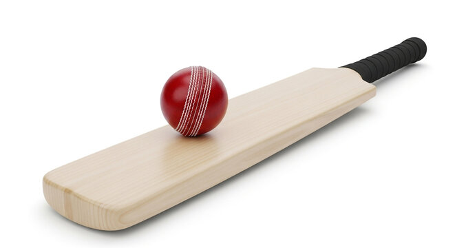 A cricket ball resting on a cricket bat isolated on white background, perfect for sports, recreation, and competitive games