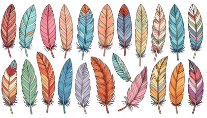 Colorful Hand-Drawn Feather Illustrations in Various Shades and Styles