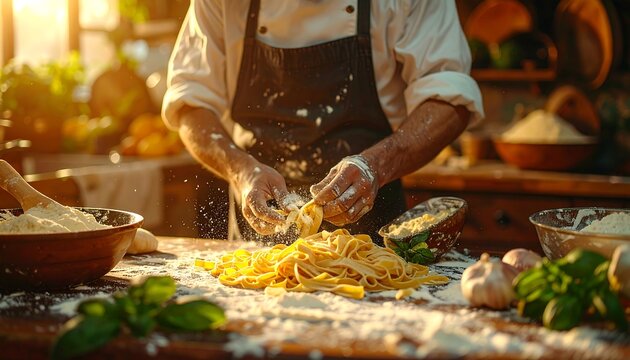 Chef Preparing Fresh Pasta in a Rustic Kitchen Setting for Culinary Delight