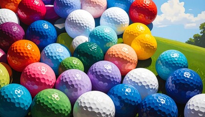 Colorful golf balls displayed on a green field, ideal for sports themes