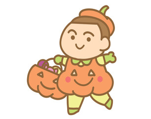 Little boy wearing a pumpkin costume for Halloween