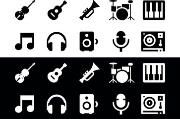 Music & Audio Equipment Black and White Vector Icon Set &ndash; Headphones, Microphone, Guitar, Piano, Drum Set, Trumpet, Violin, Speaker, Music Note, DJ Turntable