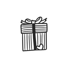 Hand Drawn Doodle of Striped Gift Box with Ribbon and Heart