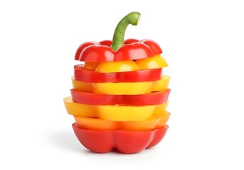 Vibrant stack of sliced red and yellow bell peppers on white background