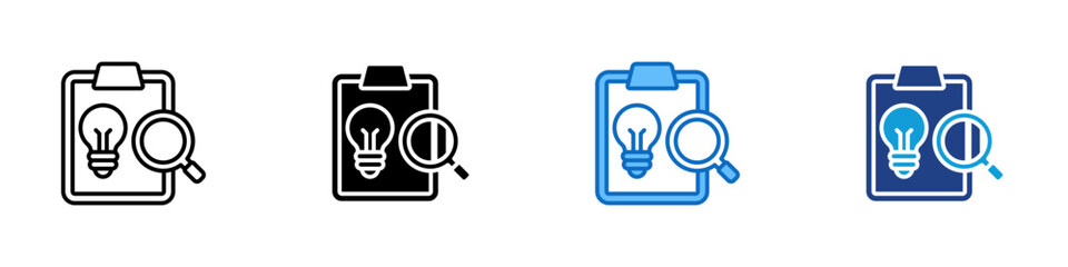 Idea Research Multiple Style Icon Design Vector - Clipboard with light bulb and magnifying glass representing idea research, innovation analysis, and discovery