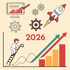 Business growth and success in 2026 with upward trends a climbing ladder and a launching rocket symbolizing progress and achievement