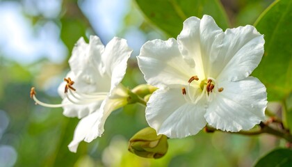 Close-up view of blooming white flowers with green foliage and sunlight